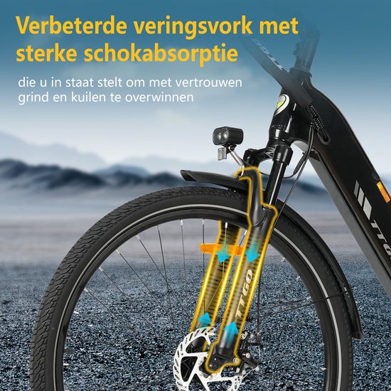 Zwarte elektrische fiets met geel accent, met gearticuleerde voorvork voor schokabsorptie.