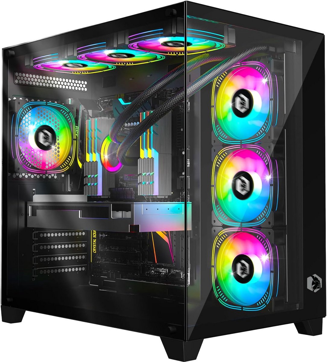 Gaming PC Behuizing Midden Toren ATX, Micro-ATX, Mini-ITX, 7 ARGB Ventilatoren, RGB Controller Hub, 360mm Waterkoeling, 3 Opslagruimtes, Groot Glazen Raam, 427 x 280 x 435 mm, Zwart