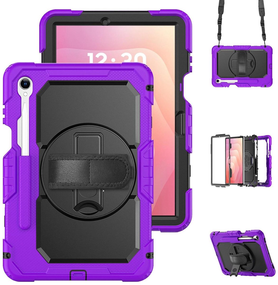 Mobigear Tablethoes geschikt voor Samsung Galaxy Tab S11 Hoes Hard Kunststof,Siliconen | Mobigear SureGrip XGuard Backcover + Stylus Houder + Schouderband | Schokbestendig Galaxy Tab S11 Telefoonhoesje | Anti Shock Proof + Standaard - Paars