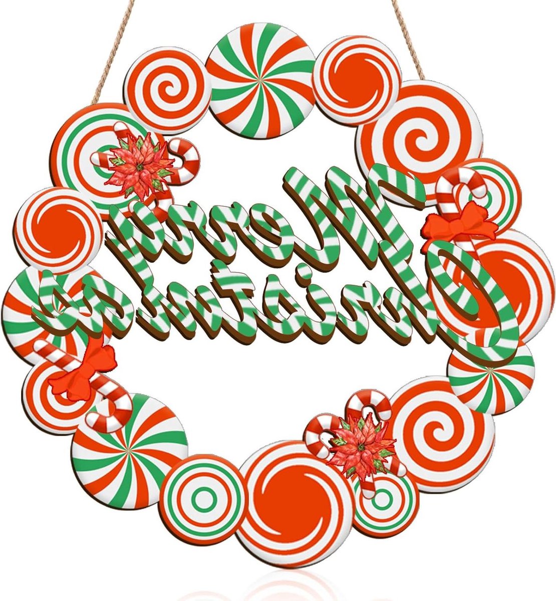 Kerstdeur hanger bord, vrolijke kerstkrans, zuurstok decoratie - houten winterkrans - Xmas deurversiering met belletjes