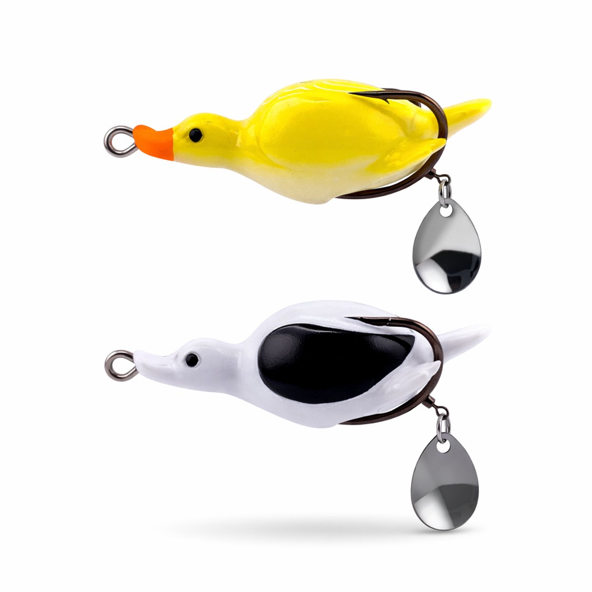 S&D | Topwater Kunstaas Eendjes – Set van 2 Drijvende Oppervlakte Lures – 7cm 13g – Snoek & Roofvis Aas – Geel & Wit