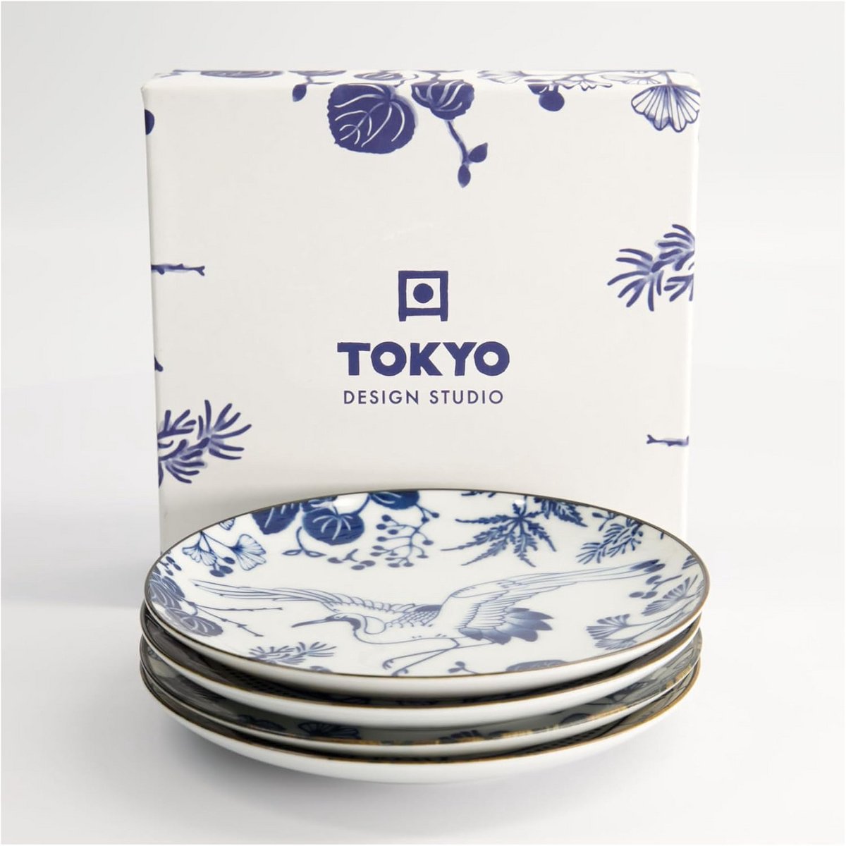 Set van 4 Handgemaakte Ronde Borden 16 cm - Blauw-Wit Japan Flora Decor
