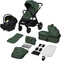 Groene kinderwagen, reiswieg, autostoel, voetenzak, tas en accessoires.