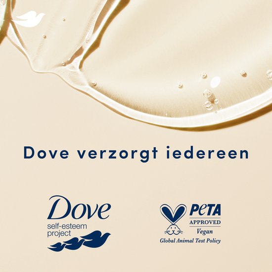 Vloeibare gel met bubbels en de Dove logo's: Self-Esteem Project en PETA approved vegan.
