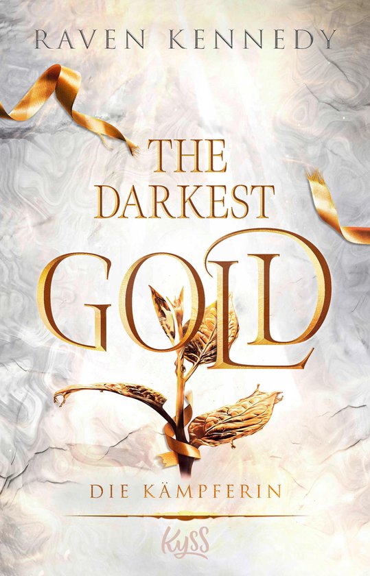 Boekomslag van "The Darkest Gold - Die Kämpferin" met gouden letters, een plant met gouden bladeren en oranje linten op een marmeren achtergrond.