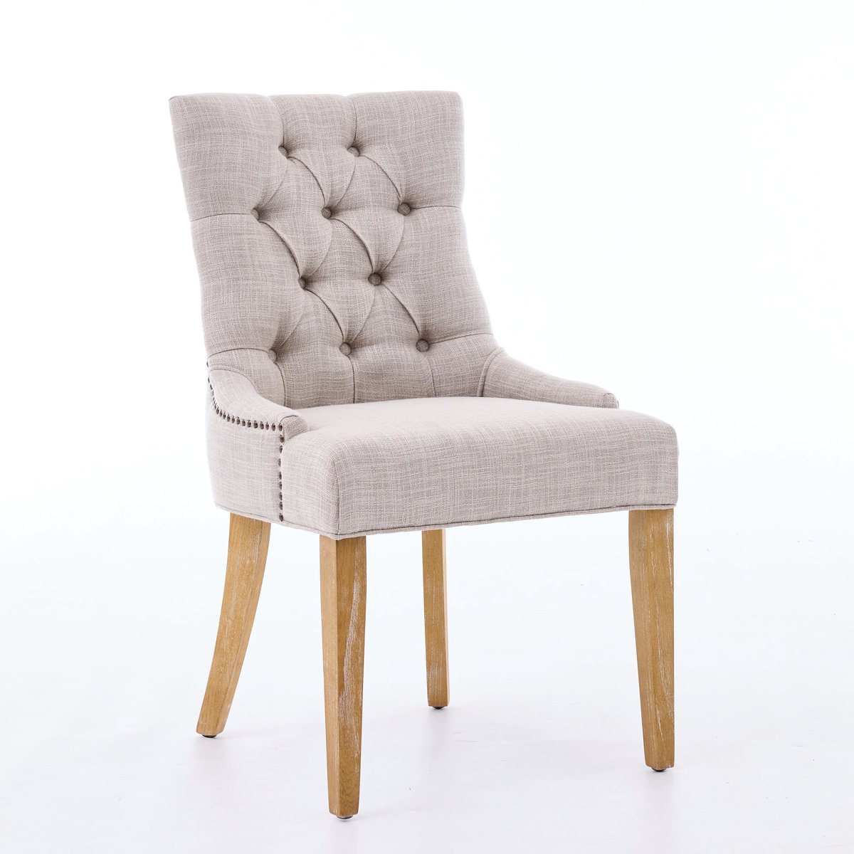 Merax Eetkamerstoelen Set Van 2 - Stoffen Bekleding - Gecapitonneerde Hoge Rugleuning - Siernagels - Massief Houten Poten - Beige