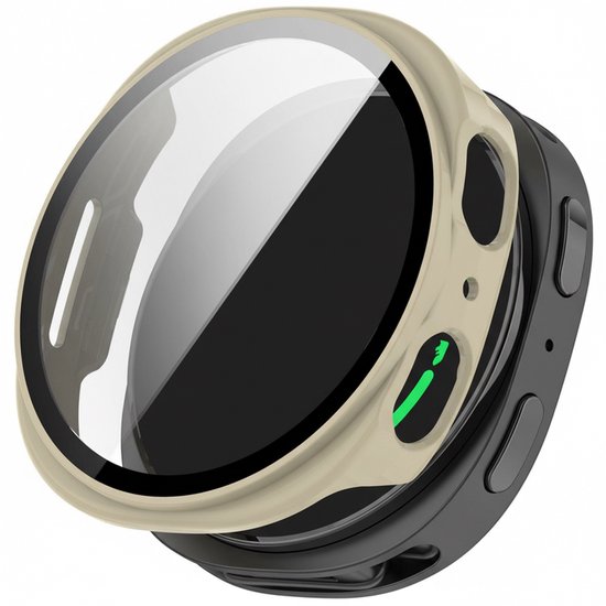 Beige smartwatch case met een glimmend gehard glas scherm, zijknoppen en zwarte basis.