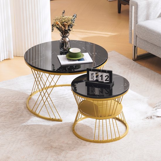 Soweiz Moderne Nesting Salontafel Hoogglans Marmer Patroon 2-delige Set Ronde Salontafels Ronde Geneste Bijzettafel (Wit
