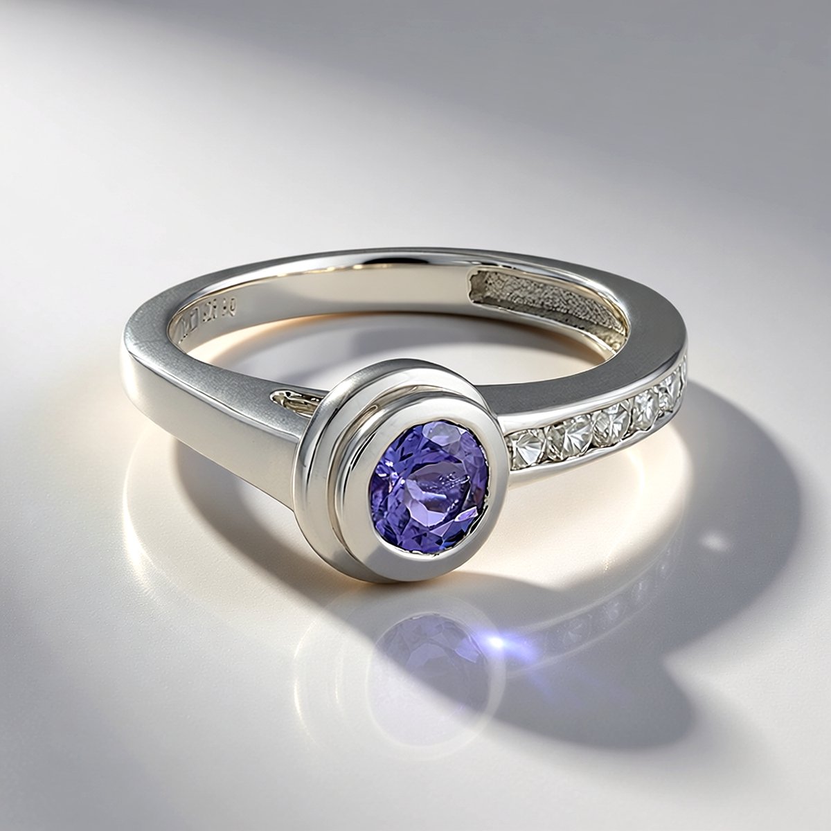 Cavill - Elegante Zilveren Ring - 925 Sterling Zilver Platinacoating - 0,468 ct Ronde Tanzaniet - 6 Zirkonia's - Modern Design Damesring