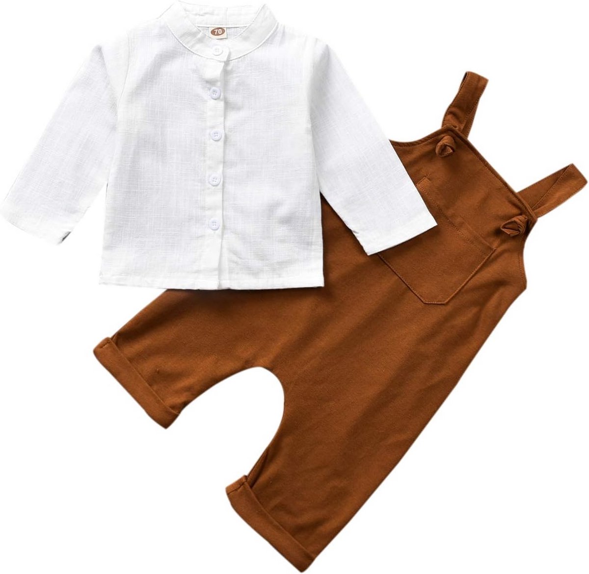 Baby Jongen Outfit Set: Witte Mao Kraag Bodysuit met Overalls en Jarretelbroek