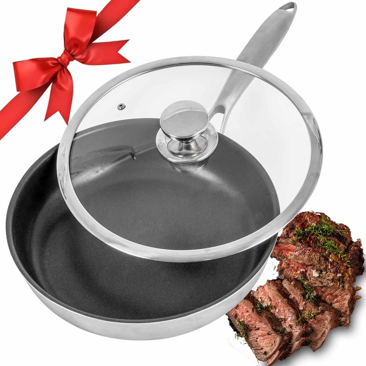 Anti-aanbak koekenpan met deksel - 10 inch roestvrijstalen niet-stick koekenpan voor inductie koken