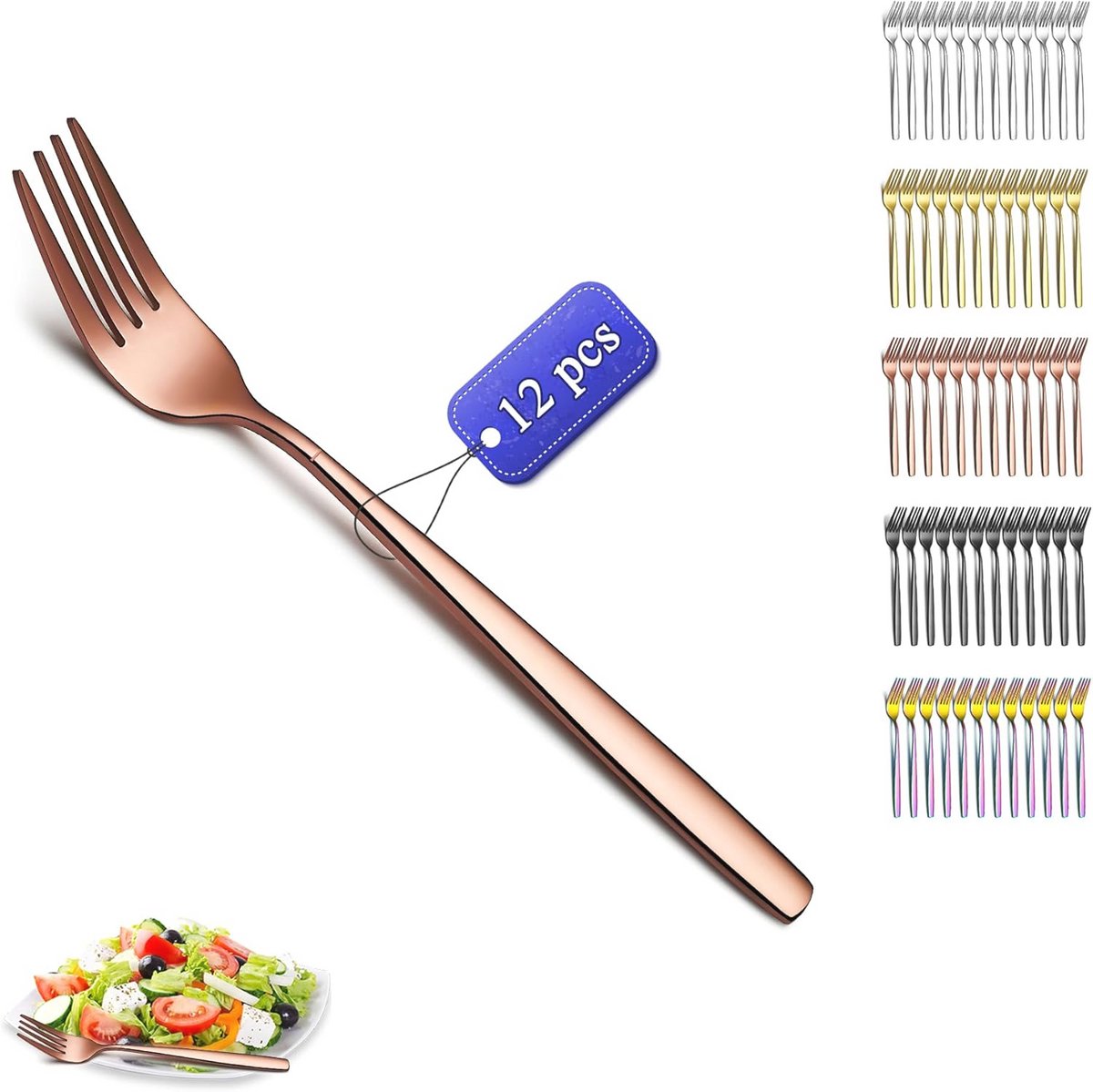 Set van 12 rosegouden dinervorken - 18,3 cm titanium koperplateren roestvrij staal