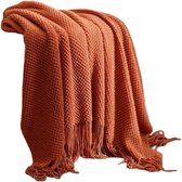 KZQ Franje Deken Voor Bank 130x180 Cm Ademend Zacht Geweven Plaid Bruinrood Herfst Dekentje Voor Kantoor Woonkamer Slaapkamer