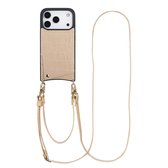 Beige croco telefoonhoesje met pashouder en een lang gouden koord.