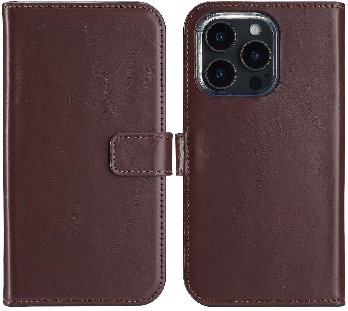 Selencia Hoesje - Geschikt voor Apple iPhone 16 Pro Max - Echt Lederen Bookcase - Bruin