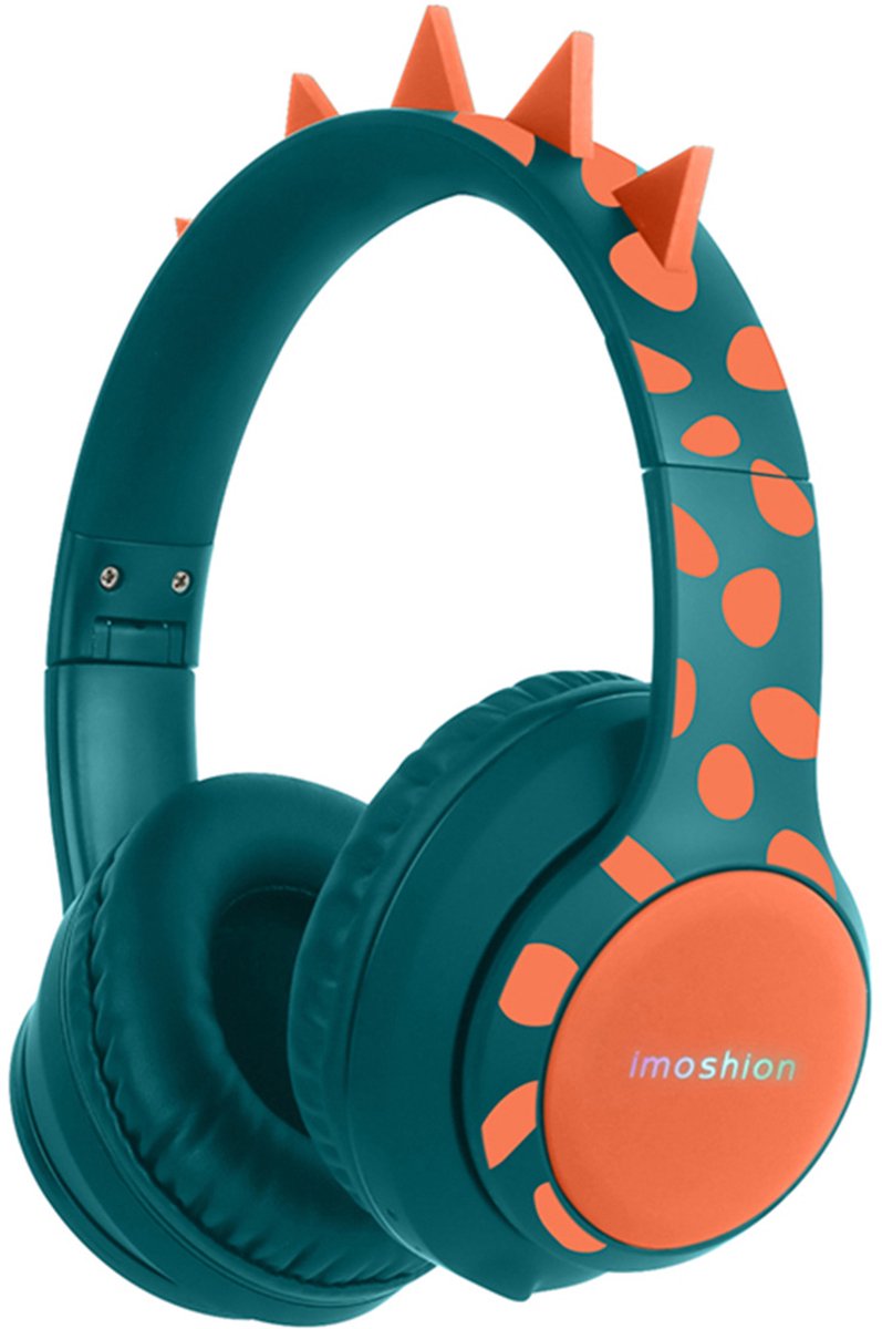 imoshion Kids Dino Bluetooth Headphones - Kinder koptelefoon met decibelbegrenzer - Draadloze koptelefoon + AUX kabel - Petrol / Orange