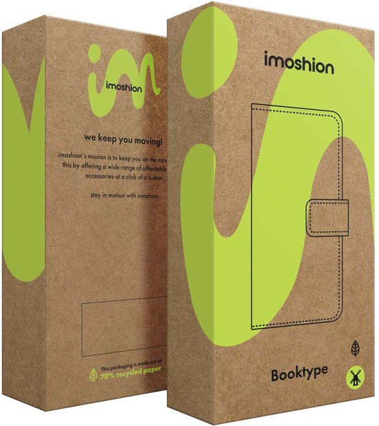 Emballage en carton brun imoshion avec logos verts et inscription 'Booktype'.
