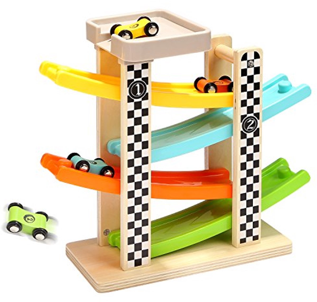 Houten racebaan auto ramp speelgoed voor peuters - 1-2 jaar oude baby's, motoriek, racebanen, auto ramp voertuigen, speelsets - met 4 mini-auto's