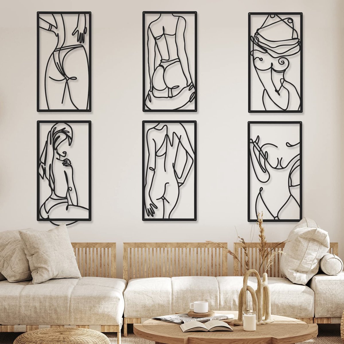 Unyqoos Set van zes moderne metalen wanddecoraties met abstract vrouwelijk ontwerp zwart