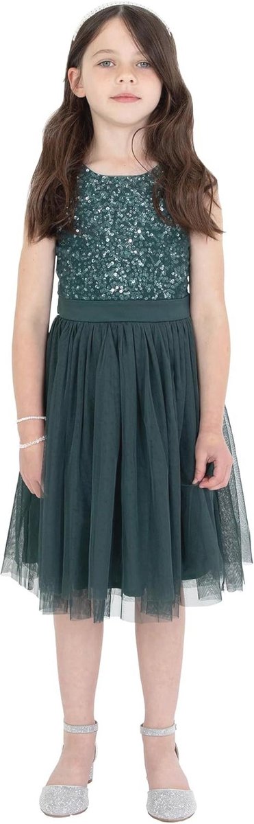 Maya Deluxe Midi-jurk voor meisjes, pailletten, feestjurk, tutu, bruidsmeisjes, bruiloft, met ceintuur, Emerald Groen, 11-12 jaar