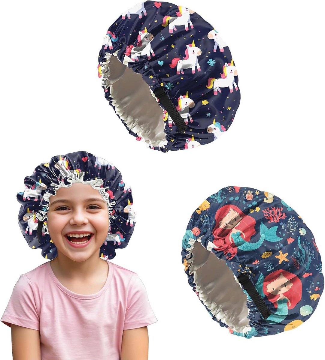 Deokke 2 Stück Kinder seidenhaube Zum schlafen, verstellbare doppellagige zijden motorkap Schlafhauben die ästhetisch und niedlich sind für Junge Und Mädchen(M5-Mermaid)