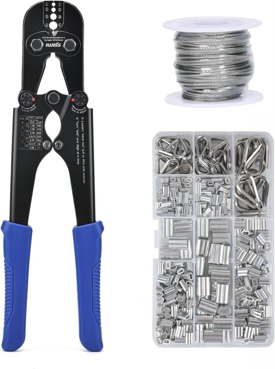 Kabel-krimpgereedschapsset met 15 m draadkabel, 330 lushulzen en 45 swagerkits, krimptang met geïntegreerde kabelsnijder