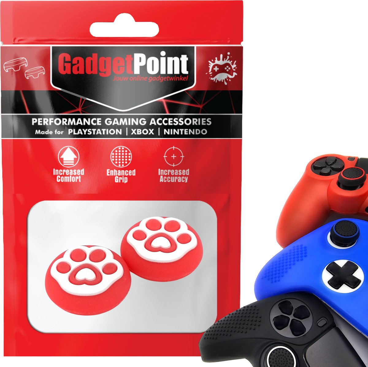 Gadgetpoint - Thumb Grips voor PlayStation, PS5, Xbox X/S, One & Switch Pro Controller - Gaming Thumbgrips - Performance Anti-Slip Thumbsticks - Bescherming Accessoires - Pootjes - Rood met Wit