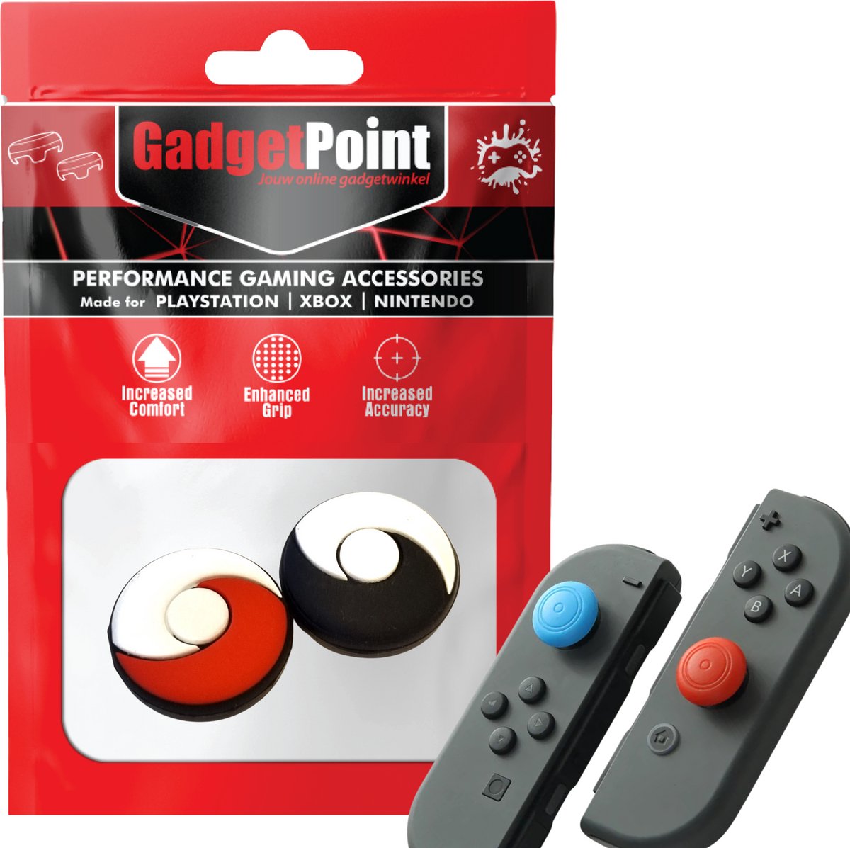 Gadgetpoint - Thumb Grips voor Nintendo Switch Joy-Con Controllers - Gaming Thumbgrips - Performance Anti-Slip Thumbsticks - Bescherming Accessoires - Rond - Rood/Zwart