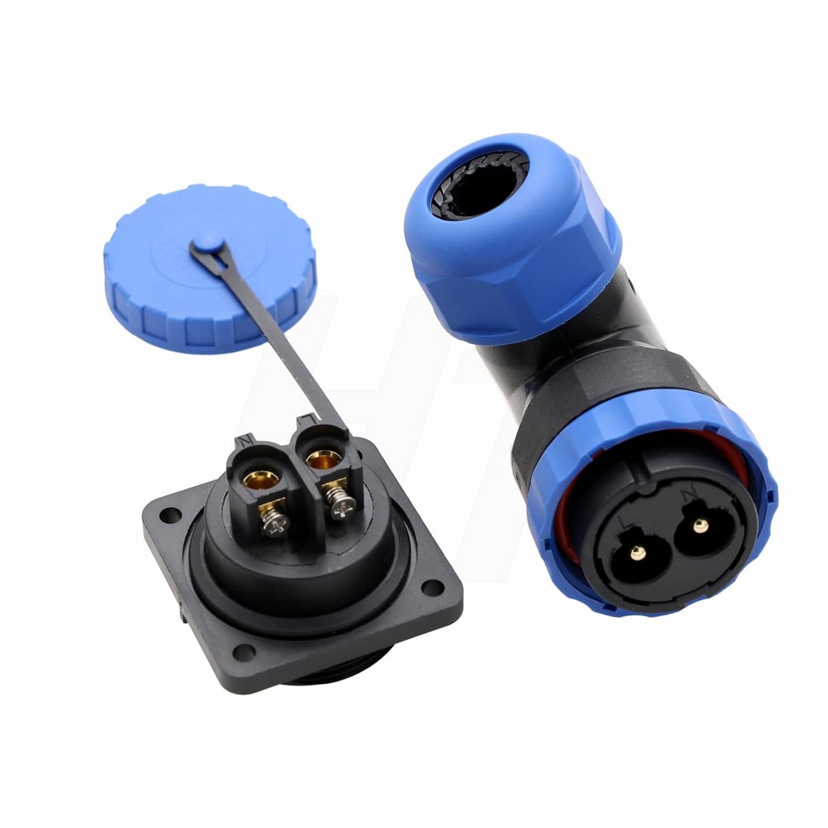 2-pins 45A waterdichte connector met 90° hoek voor paneelmontage