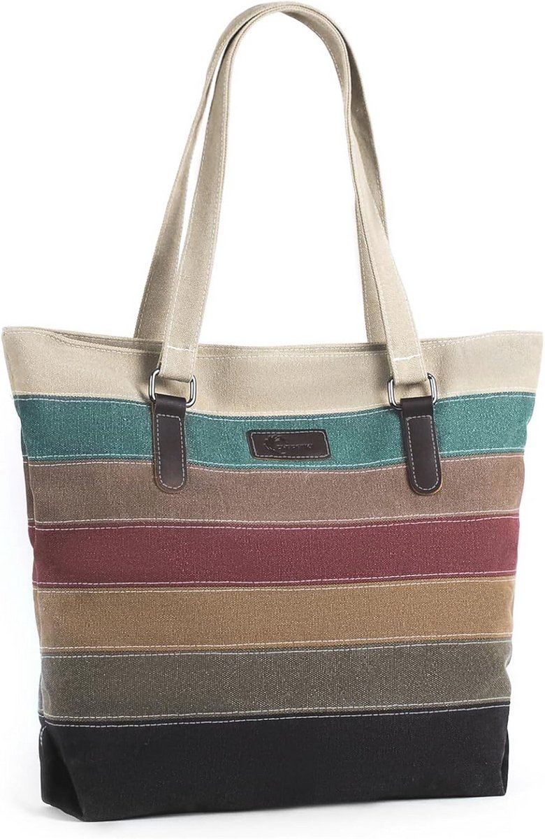 CHEREEKI Canvas Tote Bag, Dames Schoudertas met Zakken en Rits, Grote Draagtas voor Werk, Winkelen, School, Veelkleurige Strepen