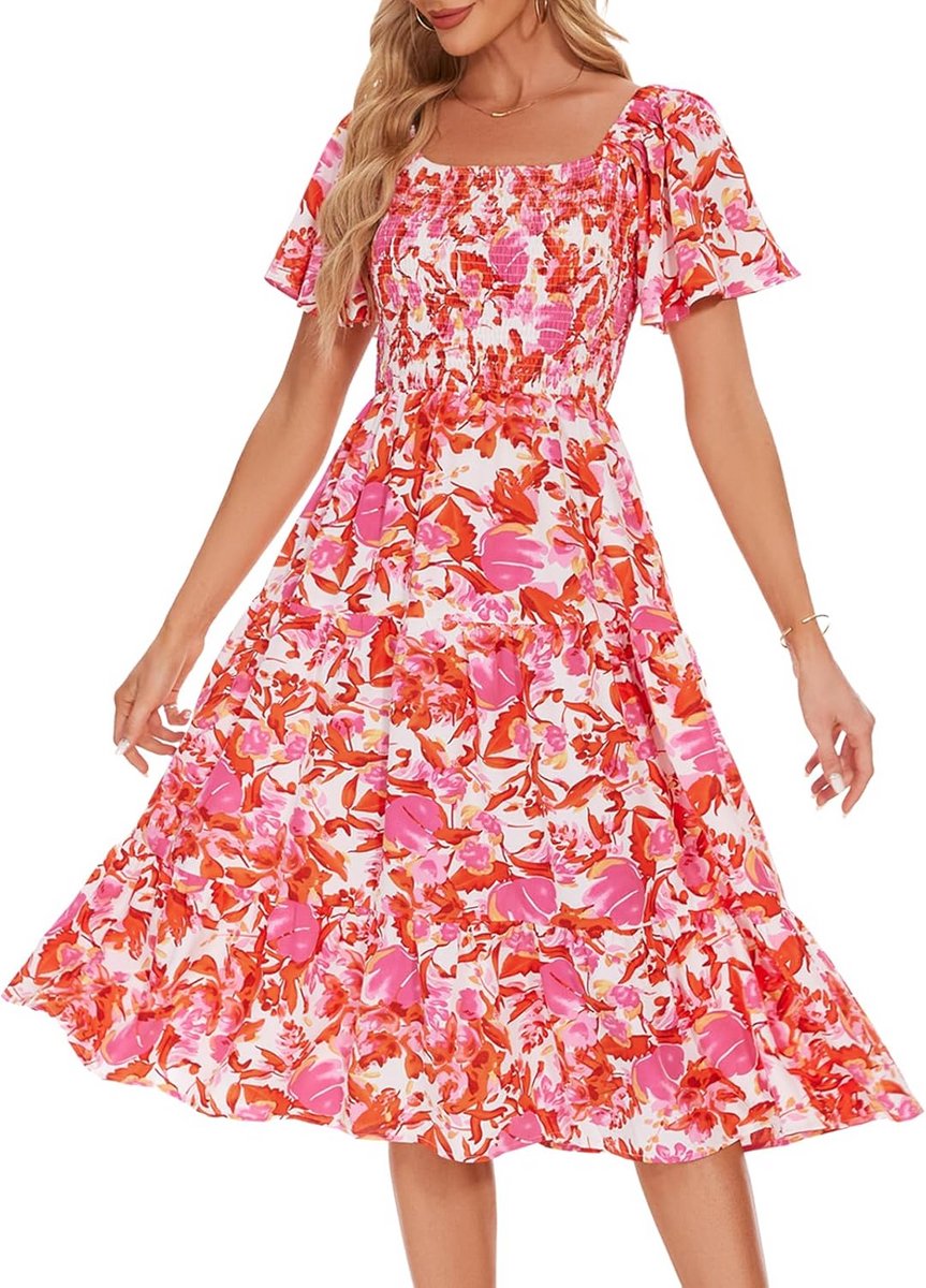 Zomerjurk Dames Boho Bloemenprint Midi Vierkante Hals Gesmokt Strandjurk