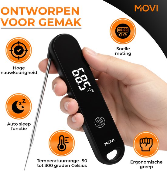 Hand die zwarte Movi thermometer vasthoudt, met icoontjes voor hoge nauwkeurigheid, auto-sleep, temperatuurbereik en ergonomische grip.