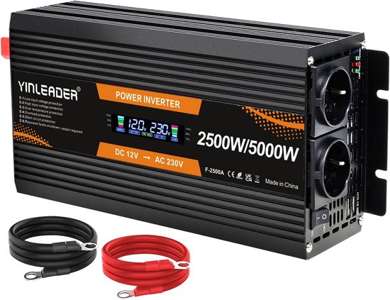 Omvormer 12V naar 230V 2500W met LCD-display en 2 AC-uitgangen voor zonnepanelen en voertuigen