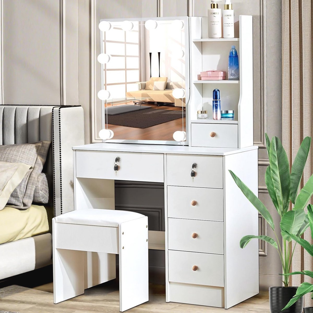 Kaptafel met Spiegel en LED Verlichting - Modern Wit met 6 Lades en Planken, 80x36x131cm