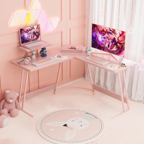 Homall Roze L-vormige gamingbureau, computerhoek, pc-bureautafel met grote monitorstandaard voor thuiskantoor, studeren, schrijven, werkstation, cadeau voor meisjes en vrouwen (roze, 117 cm) van Merkloos — afbeelding 3