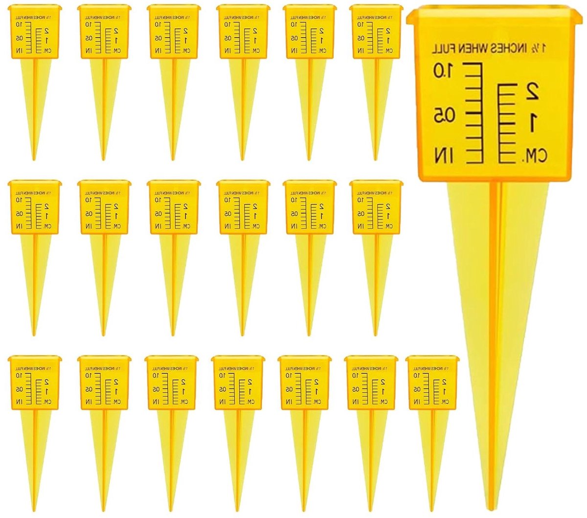 Allecta - Regenmeters voor neerslagbewaking in de tuin - Set van 20 - Met grondpen - Kunststof - Met schaal en inch - Voor tuinen en moestuinen