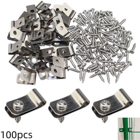 100 pièces - colliers de fil en acier inoxydable - clips de fixation - Serre-clôture - avec 100 vis - pour cages d'animaux et clôtures grillagées, clôtures métalliques et en bois - argent - 10×19 mm