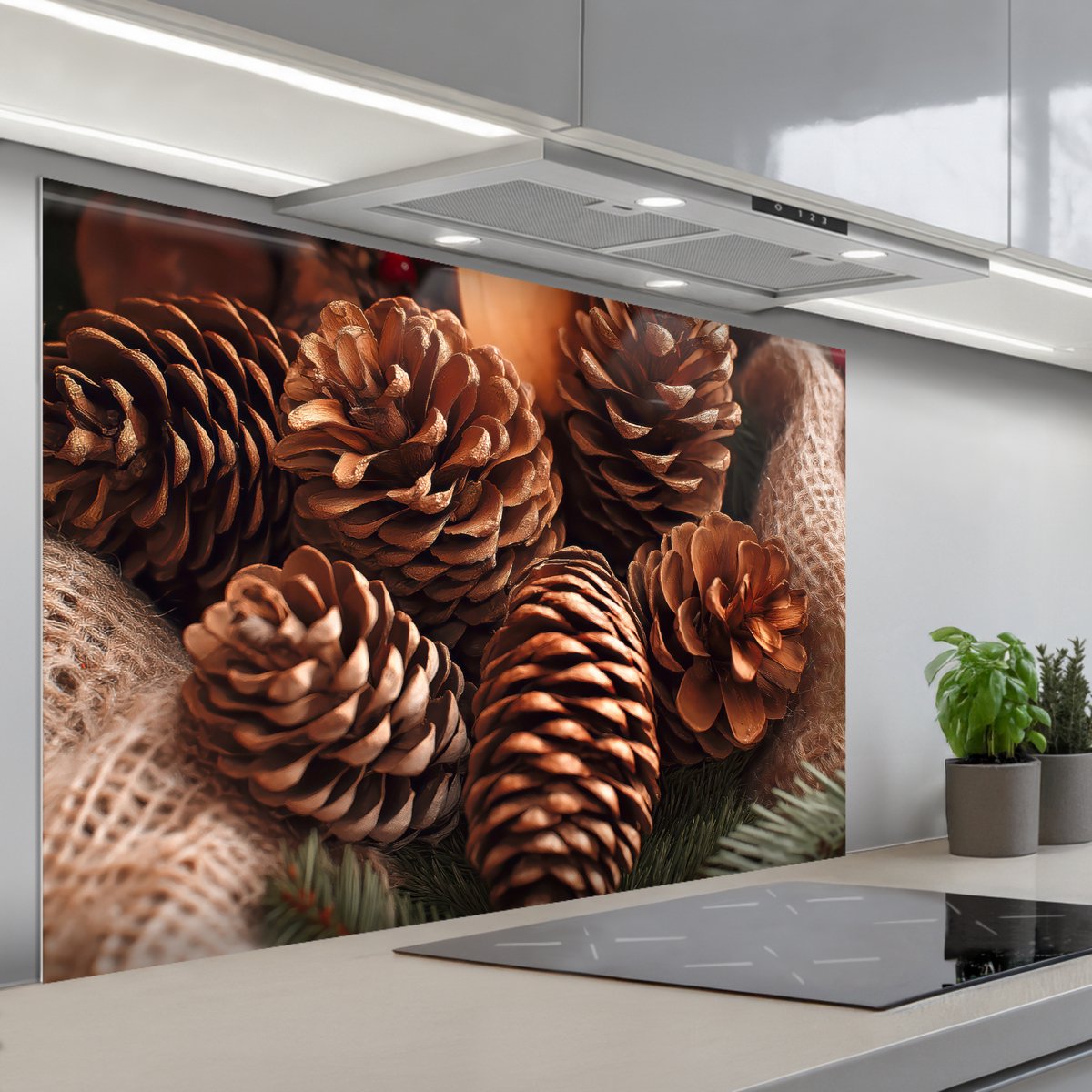 KitchenYeah Spatscherm 120x80 cm Zelfklevende achterwand Dennenappels Boom Winter Natuur Bruin Keuken muurbeschermer Spatwand fornuis