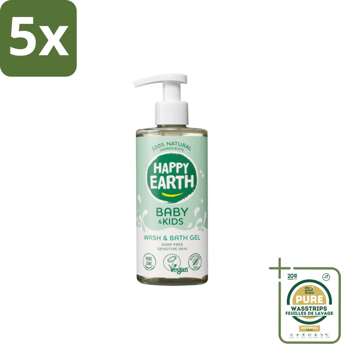 5 x Happy Earth – Was & Badgel – Zeepvrij Baby & Kids – 300 ml - Grootverpakking - Baby Wasgel - Zeepvrij Baby Wasgel - Huidverzachter - Allergeen Wasgel - 2-in-1 Wasgel