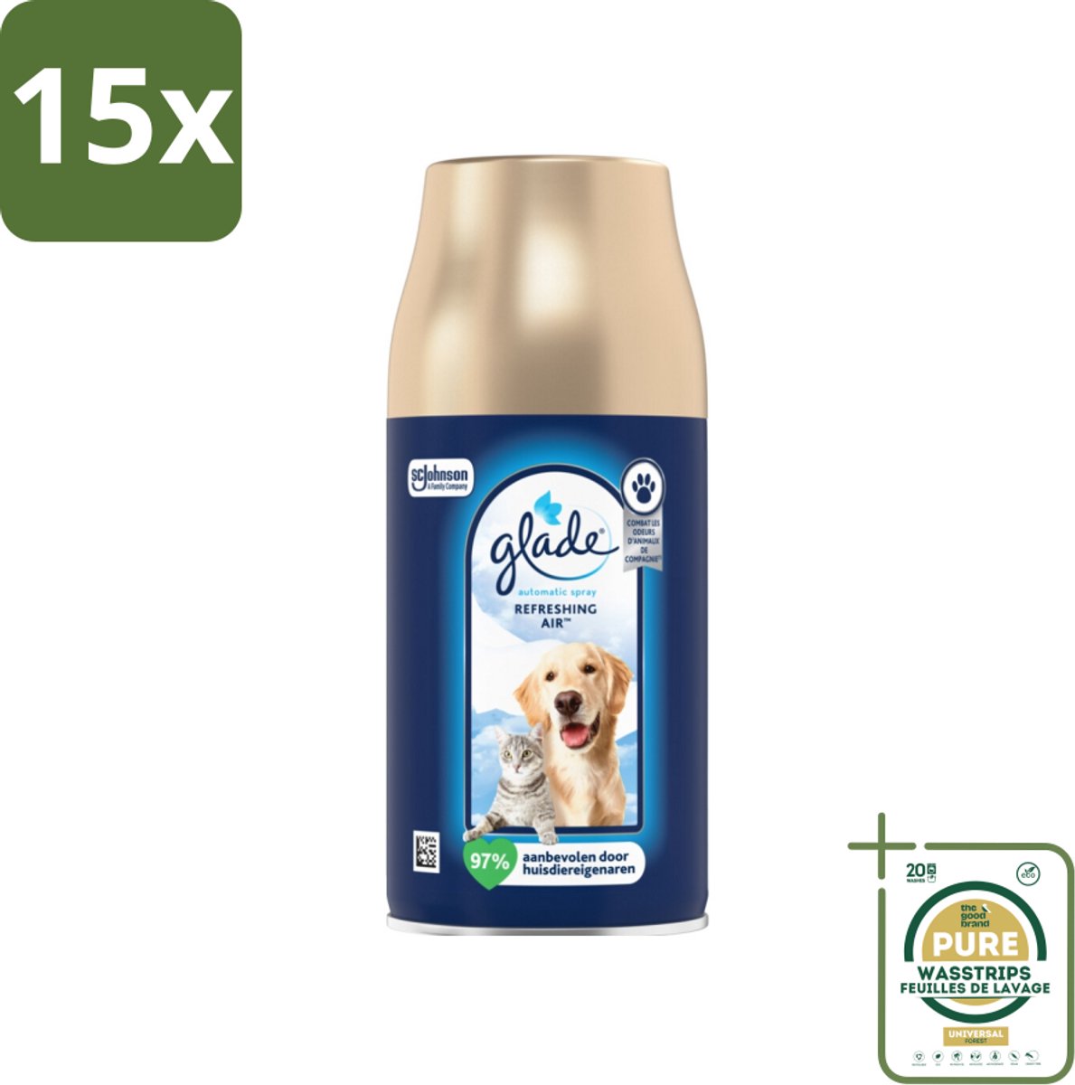 15 x Glade – Automatic Spray Navulling – Refreshing Air Huisdieren – 269 ml - Grootverpakking - Dierengeur Neutraliseren - Luchtverfrisser Huisdieren - Automatische Geurverfrisser - Frisse Geur Huisdieren - Glade Navulling Pets