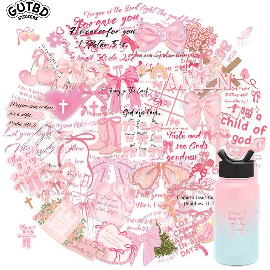 Verzamel stickers met religieuze teksten, strikken, bloemen en kruizen in roze pastel.