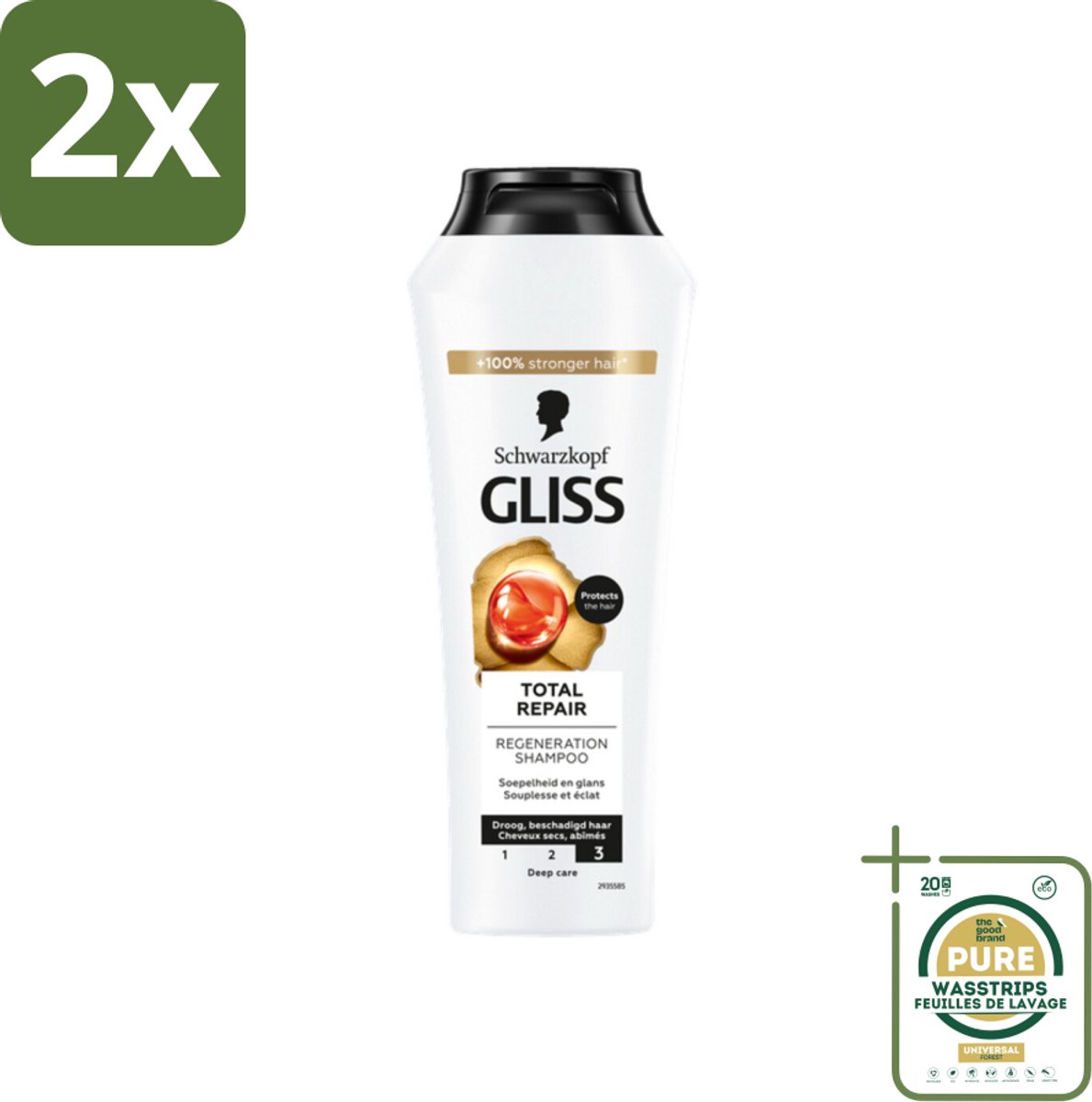 Gliss - Shampoo - Total Repair - Voor Intensief Haarherstel - 250 ml - Voordeelverpakking - 2 stuks - Beschadigd haar shampoo - Keratine shampoo