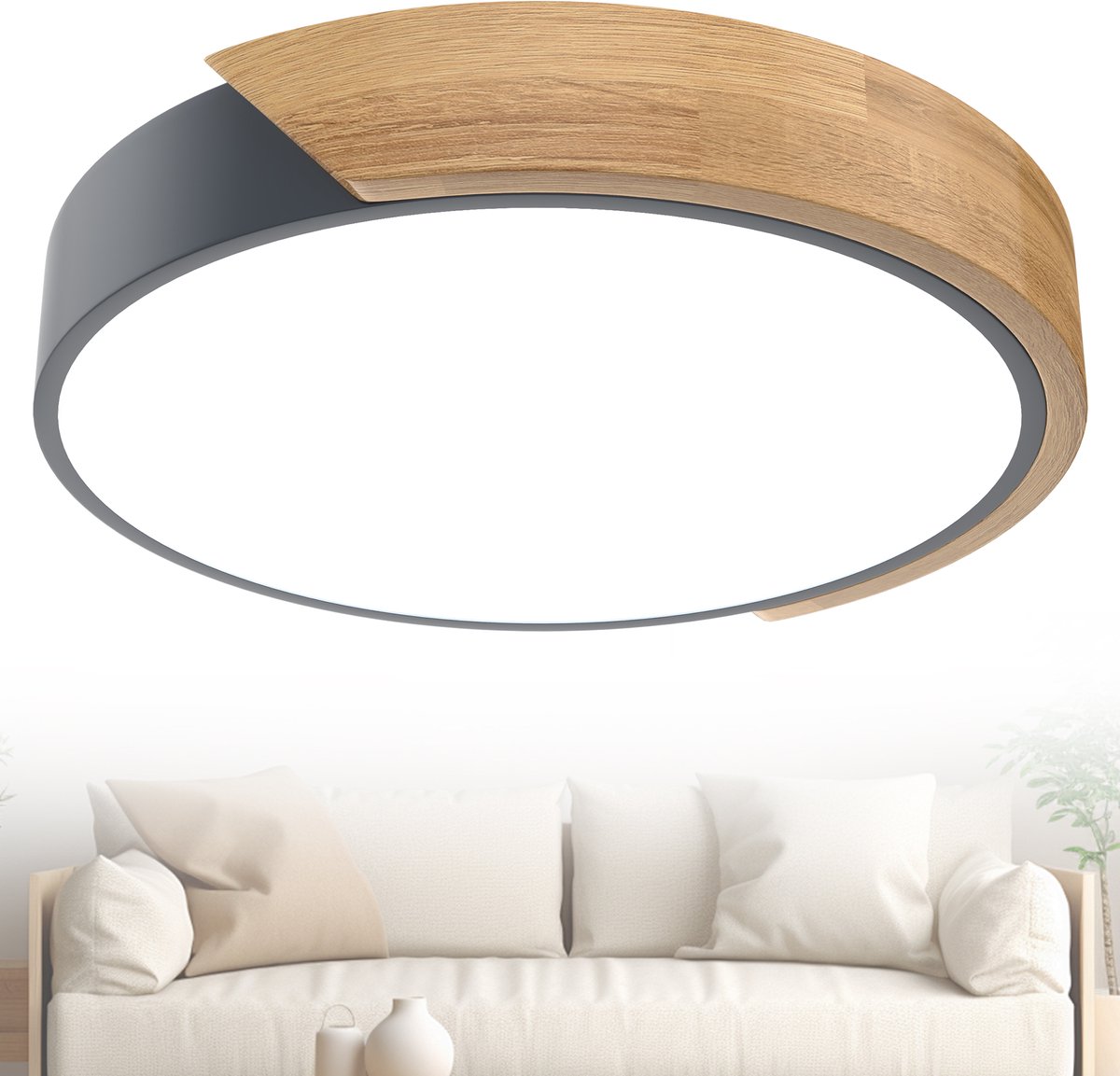 Plafondlamp hout LED-plafondlamp hout Moderne plafondlampen Rond Lampen Plat Woonkamerlamp Slaapkamerlamp Lamp hout voor hal Keuken Lounge Balkon - Grijs frame - 48W Koud wit