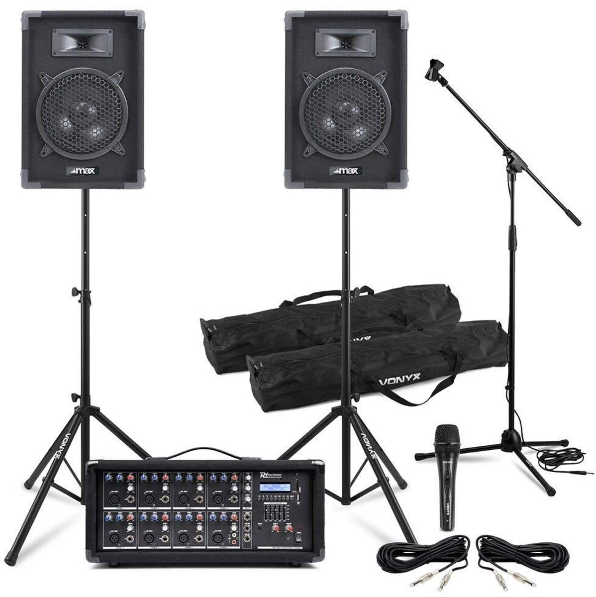 Complete geluidsset voor bands met 8 inch speakers, 8-kanaals Mixer, Microfoon & Statieven