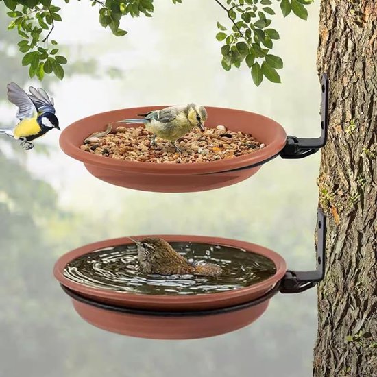 2-Stuks Vogelbadbak - Vogelbadbak voor in de tuin - Drinkbak voor vogels - Badbak voor wilde vogels voor buiten - Voerbak voor vogels - Waterbak - Kan worden geïnstalleerd op houten schuttingen, bomen, terrassen- Bruin