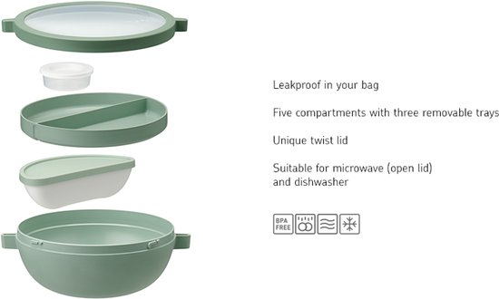 Bol bento Mepal Vita – 5 compartiments dont 3 récipients amovibles – Boîte Bento – Boîte repas salade – Sauge nordique