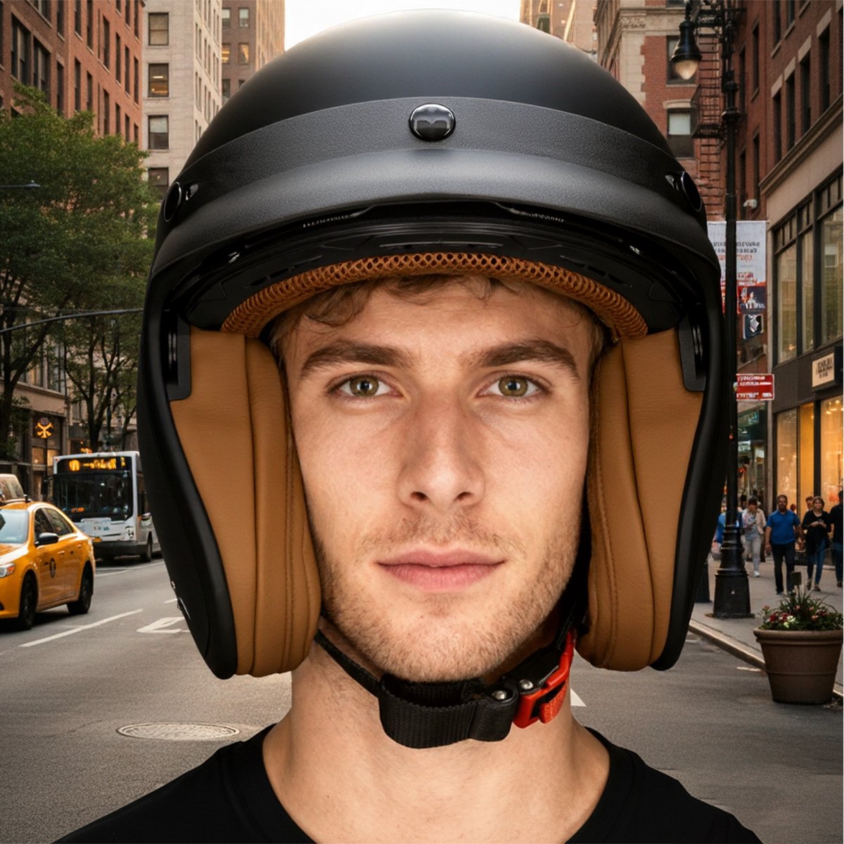 HSWHEEL Jethelm met UV-beschermend Vizier | Wasbaar & Verstelbaar | Scooterhelm & Motorhelm & Brommerhelm | Voor Heren & Dames | ECE 22.06 Goedgekeurd | Vintage Stijl | Mat Zwart - M