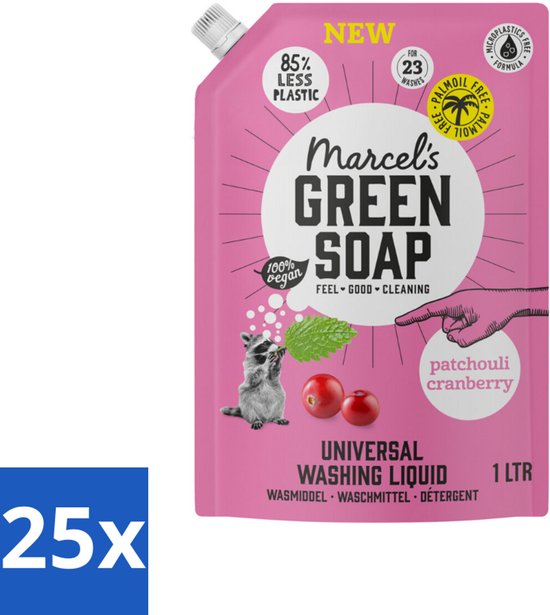25 x Marcel's Green Soap - Vloeibaar Wasmiddel - Universeel - Navulling - Patchouli & Cranberry - Effectief & natuurlijk - 23 Wasbeurten - 1 liter - Wasmiddel - Navul - Duurzaam Wasmiddel - Palmolievrij - Geur Perzik En Jasmijn