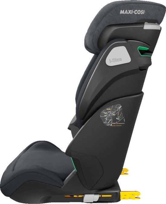 Zij-aanzicht van het Maxi-Cosi Kore i-Size autostoeltje in donkergrijs, met Isofix-bevestigingen.