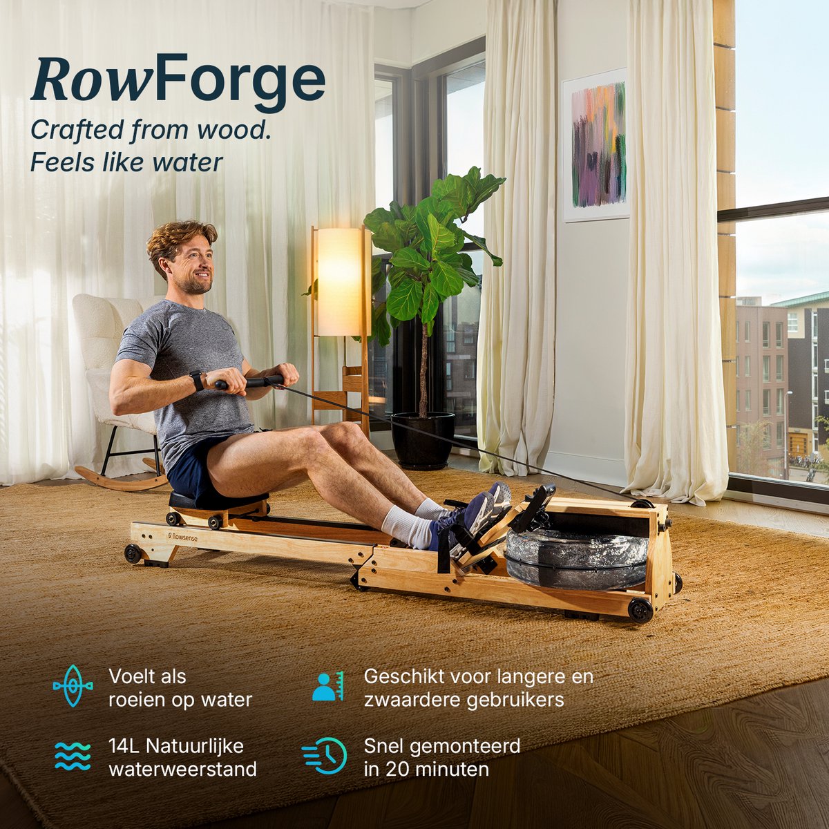 Flowsense RowForge Roeimachine Inklapbaar Hout Max 140KG - afbeelding 2